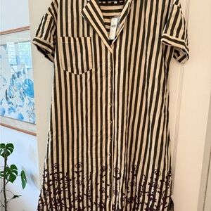 Anthropologie Black and Cream Striped Midi Dress with Embroidered Hem